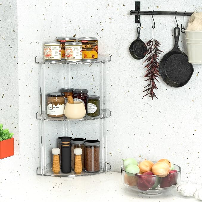 Sezanrpt 3 Tier Countertop Corner Organizer Shelf 7x7x15.7 Inch, Countertop Acrylic Bathroom Corner Shelf, Clear Vanity Storage Organizer for Cosmetics, Toiletries