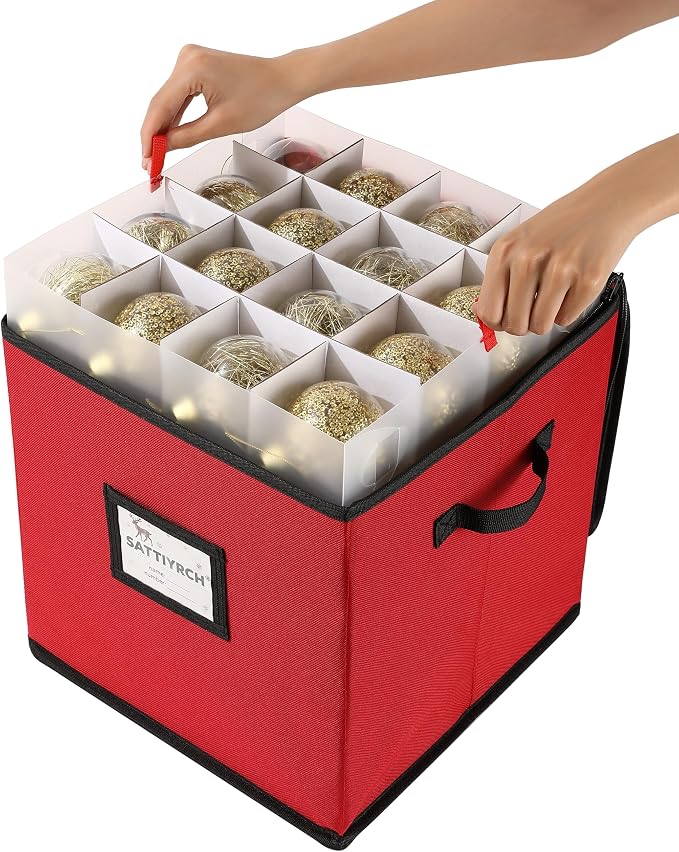 Sattiyrch Christmas Ornament Storage Box,4 Trays with Customizable Dividers,Canvas,Dust-Proof, Holds Up to 64 x 2.36 Ornaments, for Garage/Attic/Basement Storage