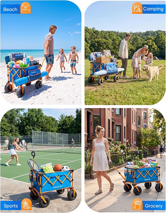 Old Bahama Bay Beach Wagon with Balloon Wheels, Foldable Sand Cart | 9" Balloon Wheels for Soft Sand, Large Capacity Wagon, Umbrella Storage, 330 lb Steel Frame, Quick Fold Design