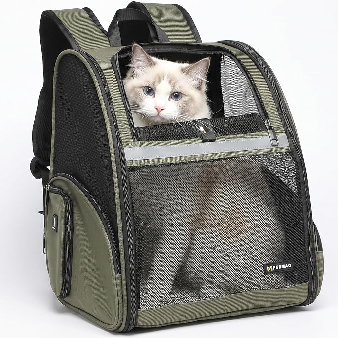 Cat Backpack Carrier for Small Dogs and Medium cat Puppy Kitten Bunny Pet Carrier Backpack Collapsible with Fully Ventilated Mesh with Safety Leash (DarkGreen, 12.9" L x 10.62" W x 15.5" H - M)