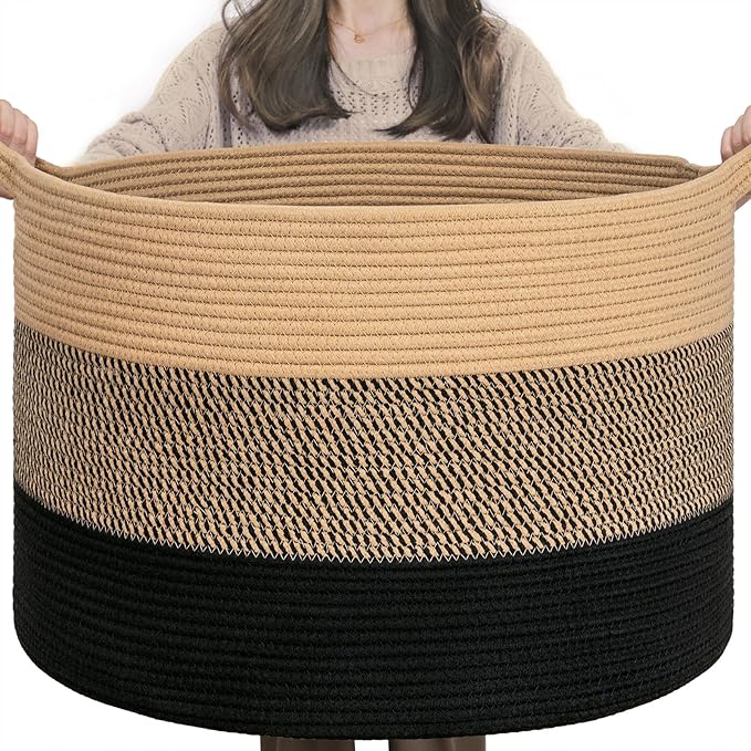 INDRESSME XXXLarge Woven Rope Blanket Basket Living Room, 90L | 21.7" x 13.8" Storage baskets for toys laundry & pillows. Fits living room, bedroom or nursery décor. Soft-touch with handles