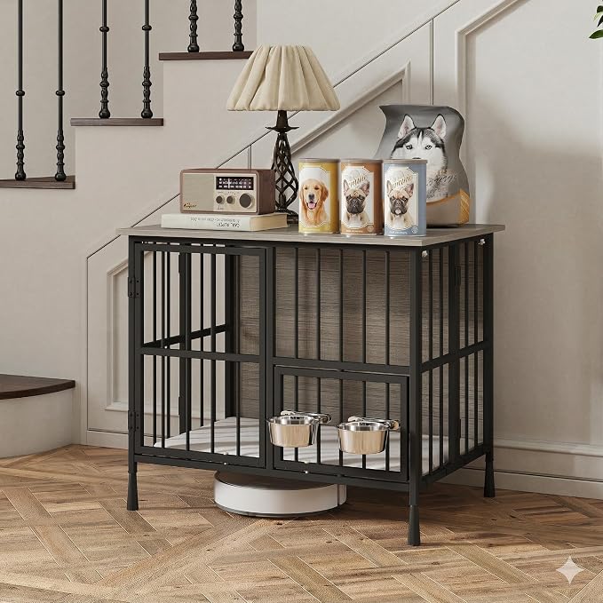 Hadulcet 27'' Foldable Dog Crate Furniture, Small Dog Kennel with 2 Bowls | Wooden Crate Table with Storage Top, Furniture Style Indoor Kennel for Small to Medium Dogs with Rotating Food Door, Gray