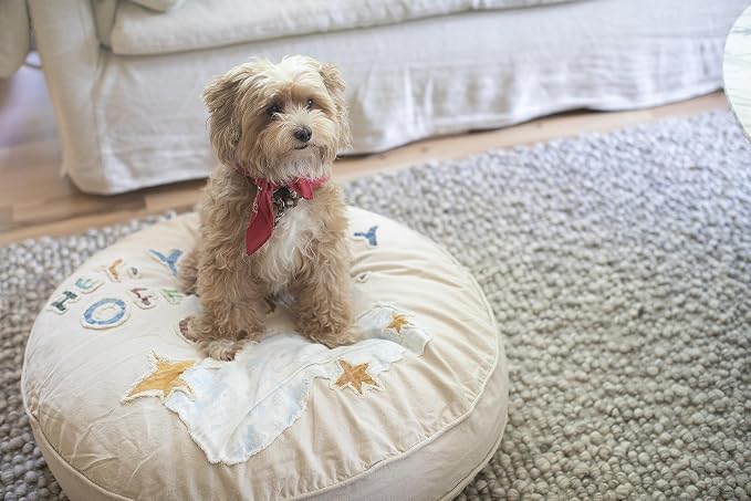 Sugarboo Hey You Get Off My Cloud Dog Bed, Washable Cream Floor Mattress for Medium to Small Sized Pets, Stylish Boho Farmhouse Dog Bed - 33” Diameter