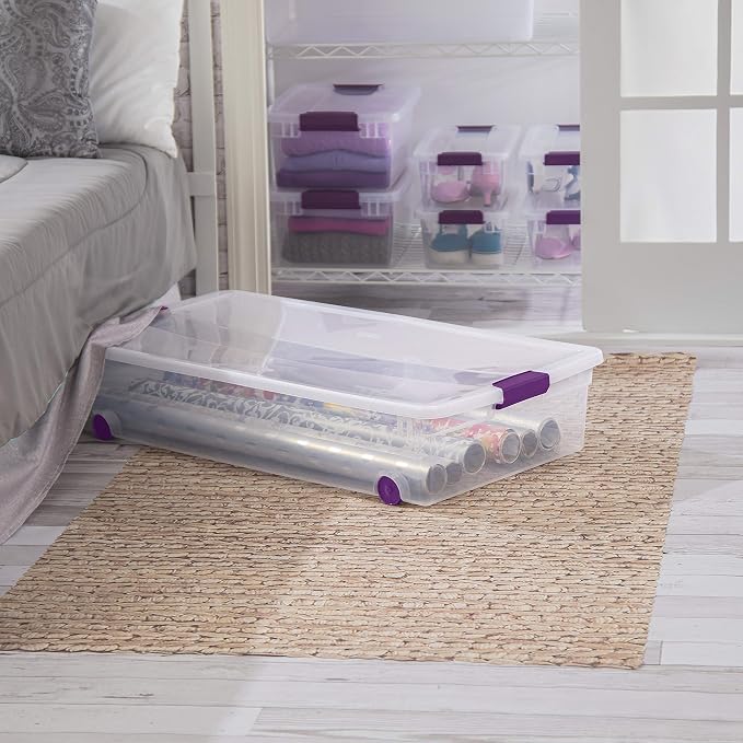Sterilite 56 Quart ClearView Wheeled Latch Box, Clear Bin and Lid, 4 Pack | Clear Plastic Organizer Bins with Color Accent Latches and Wheels for Closet, Home Bedroom and Dorm Room