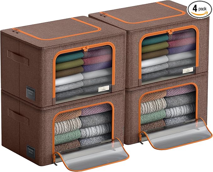 Sorbus Clothing Storage Bins with Clear Window, Metal Frame (4 Pack, Brown) | Oxford-fabric containers with carry handles stack neatly to organize bedding and linens in closets and laundry rooms.