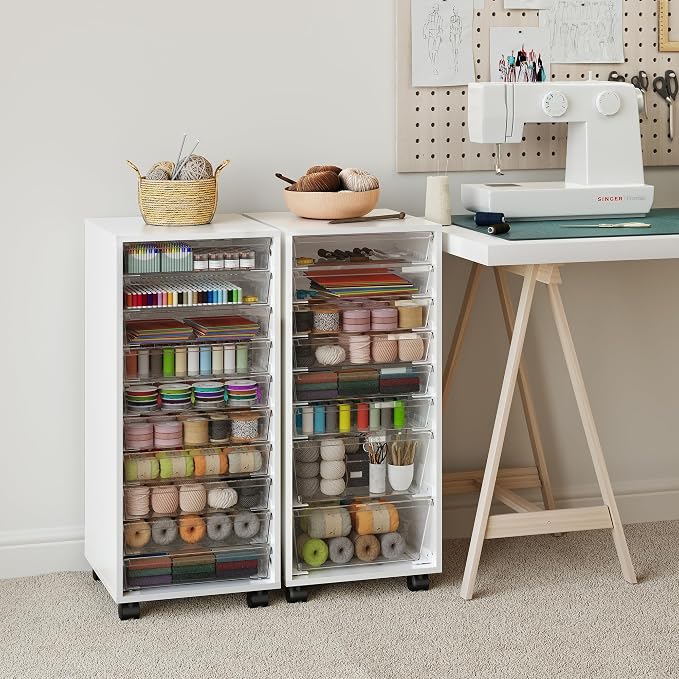 Storage Drawer Cart, Mobile Storage Cabinet, Makeup Storage with 10 Large Clear Drawers, Utility Wooden Rolling Cart on Wheels, for Cosmetic, Art Craft, Office Supplies, Toy, White