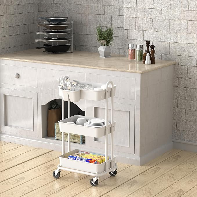 Simple Houseware 3-Tier Rolling Utility Cart with Hanging Bucket, White | Storage for Bathroom, Kitchen, Office, Study Room, Nursery Diaper