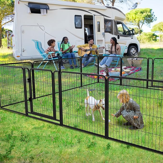 Kfvigoho Dog Playpen Outdoor Extra Wide 16 Panels Heavy Duty Dog Fence 32" | Anti-Rust Coating-Strengthened Dog Fence with Doors Portable for RV Camping Yard, Total 42FT, 140 Sq.ft, Snowy Black