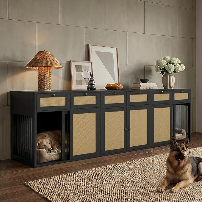 PureCozy 3-Piece Double Dog Crate Furniture, 120 Inch, Black Oak | Left and right kennels for 2 dogs plus center cane storage cabinet; metal sliding doors and 6 total drawers.