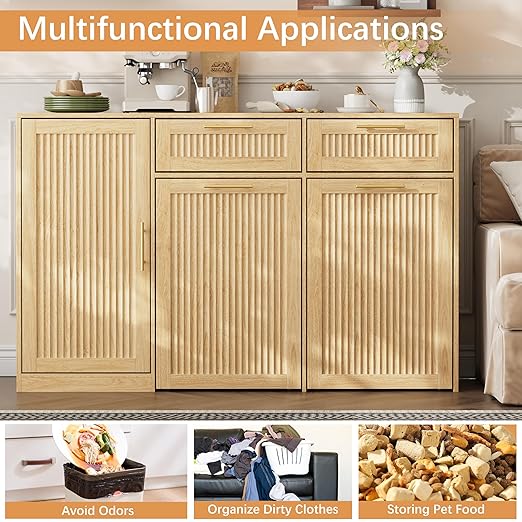2 X 13 Gallons Double Pull Out Trash Can Cabinet with Storage, Oak | 54"W Fluted Kitchen Trash Cabinet with Adjustable Shelf & Drawers, Hidden Pet Proof Trash Can Holder for Laundry Living Room