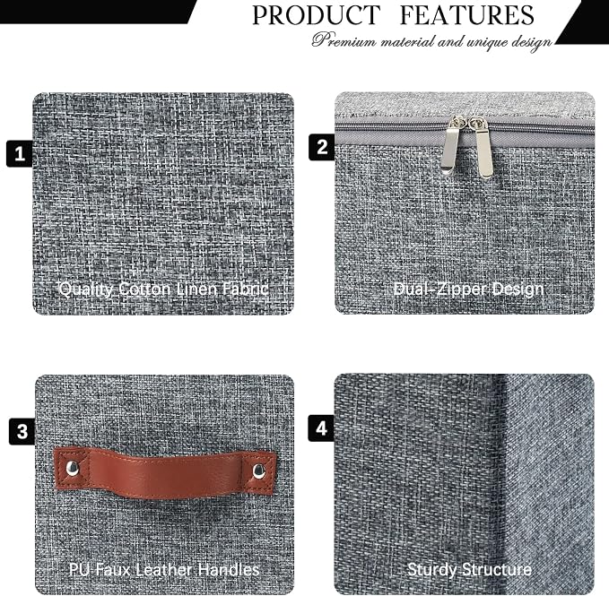 Storage Bins with Zipper Lid Decorative Lidded Box Fabric Baskets | Collapsible Shelves Closet Organizer Container, Cotton Linen Fabric, PU Leather Handle, Stackable Washable (Gray, Small)
