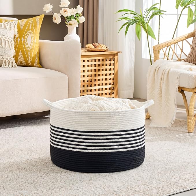 KAKAMAY Large Blanket Basket with Handles, Storage Basket for Living Room | Extra Large Capacity | Natural Cotton Rope | Blanket Storage | Woven Storage Basket | Stuffed Animal Storage | Laundry Basket