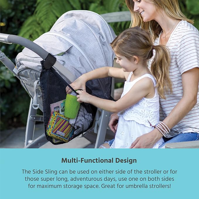 J.L. Childress Universal Side Sling Stroller Organizer & Caddy, Black | Stroller cargo net attachment adds easy-access storage for baby essentials to any stroller with secure, non-slip straps