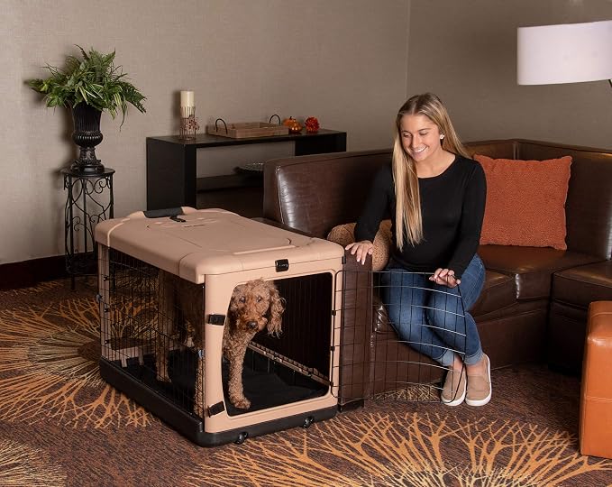 Pet Gear The Other Door 4 Door Steel Crate for Dogs/Cats, 36", Beige | Garage-Style Door, Includes Plush Bed & Travel Bag, No Tools Required
