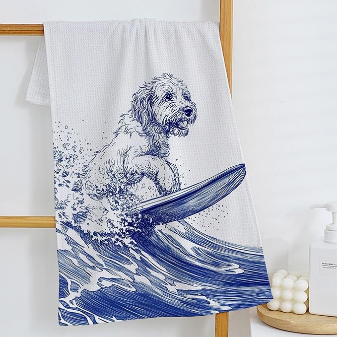 Funny Surfing Dog Kitchen Towels, Goldendoodle Gifts, Beach Hand Towels for Bathroom, Coastal Nautical Dish Tea Towels for Kitchen Decor, Dog Lover Gifts, Coastal Beach Bathroom Decor,16x24 Inch