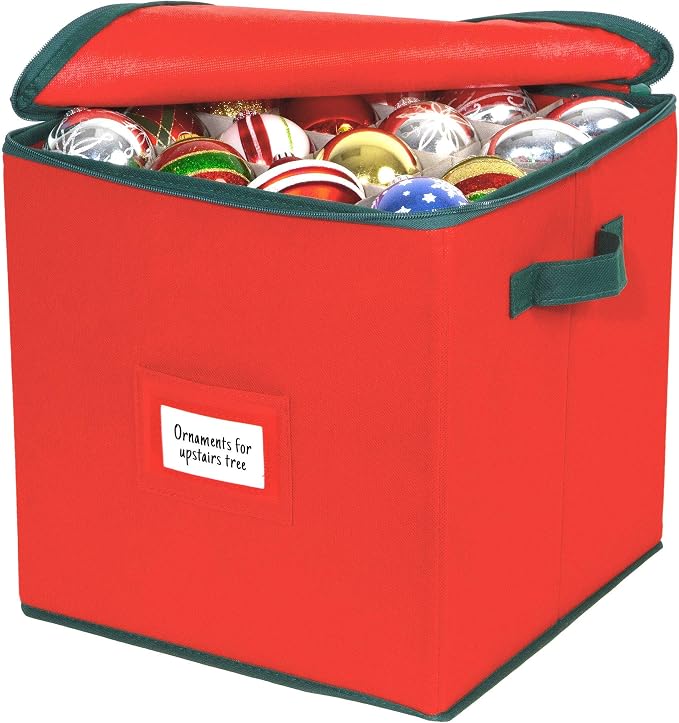 HOLDN’ STORAGE Christmas Ornament Storage Box Christmas Decor Storage Containers that Store up to 64 – 3” x 3” Holiday Xmas Ornaments – Adjustable Compartment To Fit Many Sizes Ornaments – Red