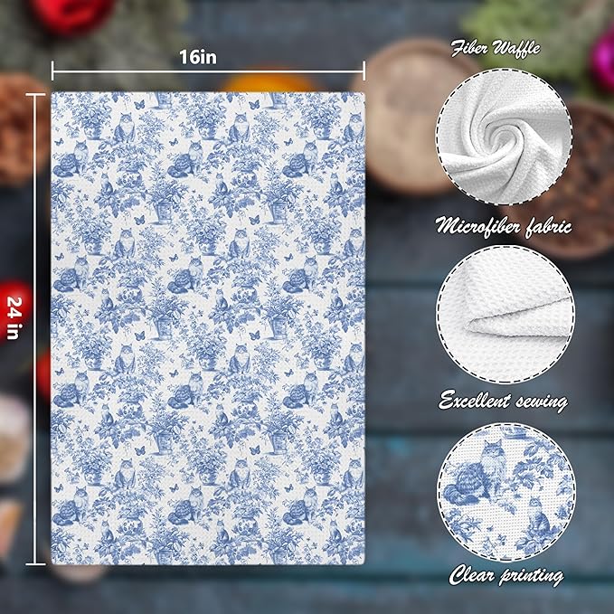 Chinoiserie Floral Maine Coon Kitchen Towels,Blue and White Cat Decor Kitchen Dish Tea Towels Bathroom Gifts for cat Lovers Women Men,16x24 Inch