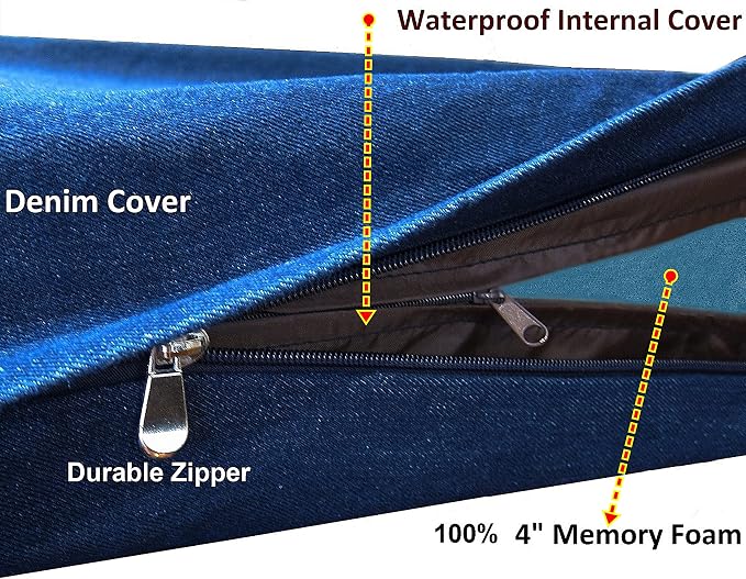 Dogbed4less Orthopedic Gel Cooling Memory Foam Dog Bed with Waterproof Liner and External Durable Denim Cover for Small to Medium Pet 35X20X4 Inches