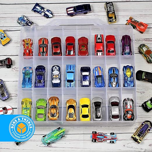 Bins & Things Hot Wheels Display Case and Toy Car Storage Organizer, Double sided 48 - Multi Compartment Plastic Car Toy Organizer Compatible with Lego, LOL Surprise Matchbox cars storage case - Blue