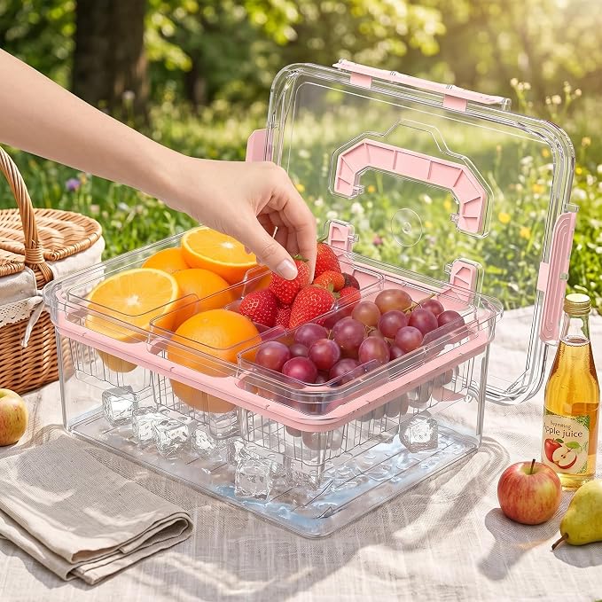VECELO Ice‑Chilled Serving Tray with 3 Removable Draining Compartments, Cold Food Platter for Party Picnic Buffet,Pink