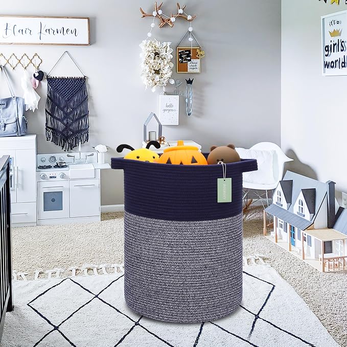 Cotton Rope Blanket Basket, 72L Tall Laundry Hamper, Navy Blue