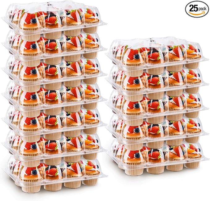 NPLUX 25Pack 12Count Cupcake Containers Clear Plastic Stackable Tall Lids | 25 Pack Hold 300 Cupcakes, Standard Size Clear BPA Free Plastic, Tall Dome Frosting Room, Stackable for Receptions