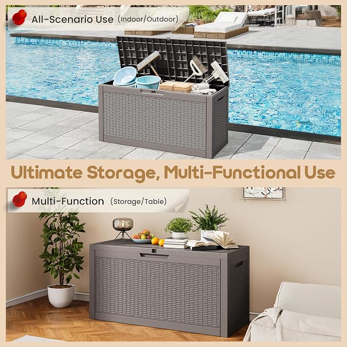 75 Gallon Outdoor Storage Box Waterproof Deck Box for Patio | Gray, Resin, Weatherproof, Lockable, Compact, Easy Assembly, Patio Cushions Storage, Pool Garden Accessories Organization