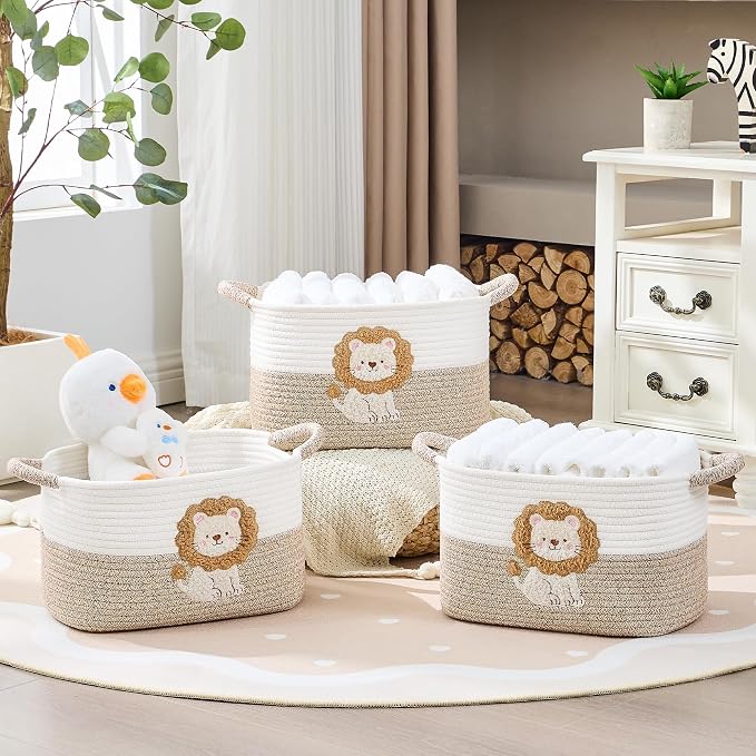 Storage Basket, Woven Baskets for Shelves, Lion | 3 Pack Boho Cotton Rope Storage Baskets, 14" x 9" x 8", Home Organizer for Nursery, Holds Toys, Books & Towels