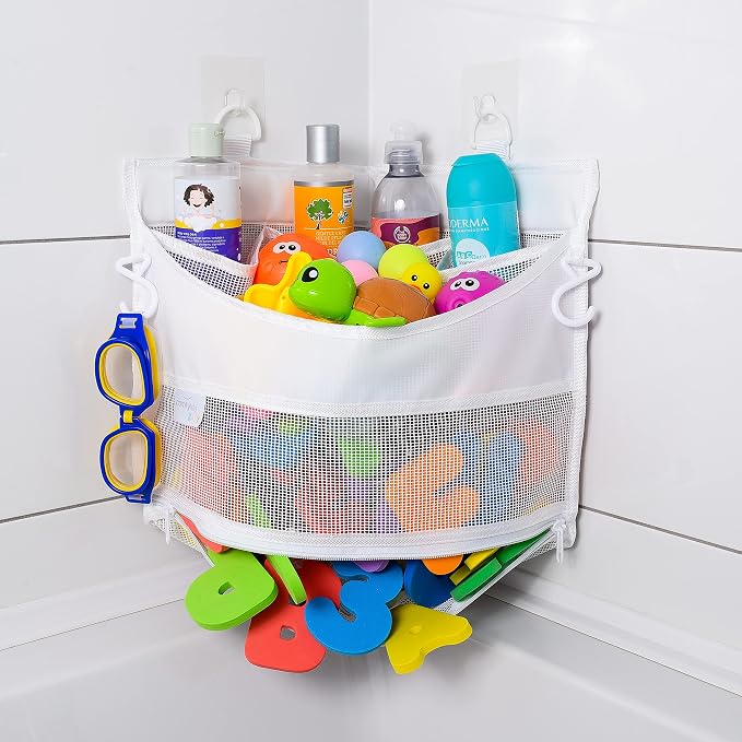 Mesh Bath Toy Holder Organizer – The Perfect Corner Bathtub Toy Storage & Bathroom or Shower Caddy – This Multi-use Net Bag Makes Baby Bath Toy Storage Easy – For Kids & Toddlers