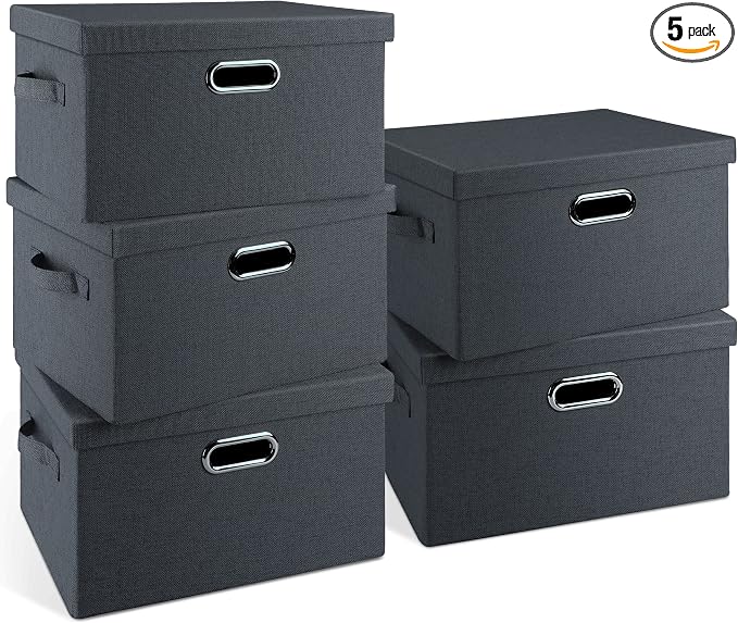 Graciadeco Medium 15" 21 Quart Collapsible Stackable Storage Bins with Lids, 5 Packs Dark Gray Foldable Fabric Closet Storage Boxes with Lids, Lidded Heavy-duty Linen Baskets(15x11x8) | 21 Quart 5 Pack Dark Gray Collapsible Stackable Linen Fabric 4 Han...