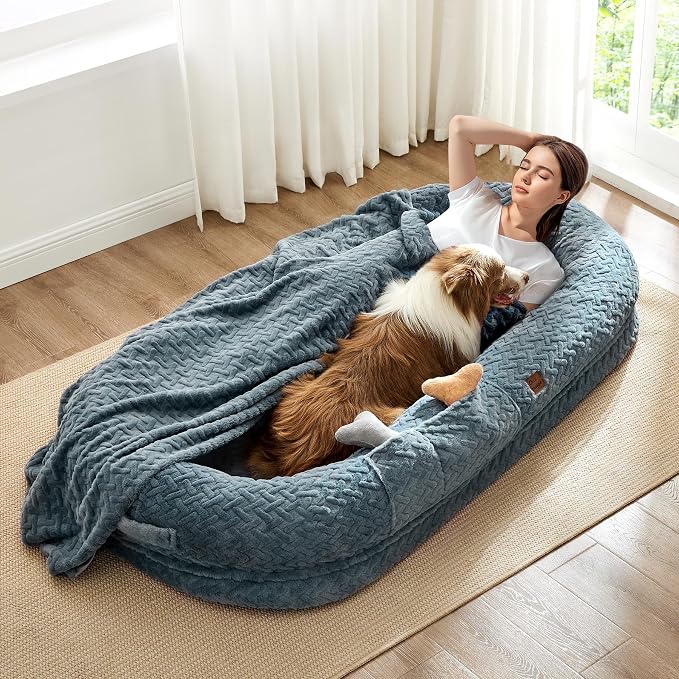 ChiXnuggle Orthopedic Human Dog Bed,with Faux Fur Washable Cover,Blanket | bluish grey,72*40*10,giant dog bed for adult or extra large dogs,egg crate foam,non-slip bottom