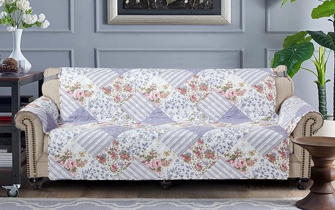 Brilliant Sunshine Rose Violet Floral Patchwork Couch Cover, 78" seat | Quilted Sofa Cover, Living Room & Bedroom Furniture Protector, Extra Large Washable Slipcover for Pets, Dogs & Cats