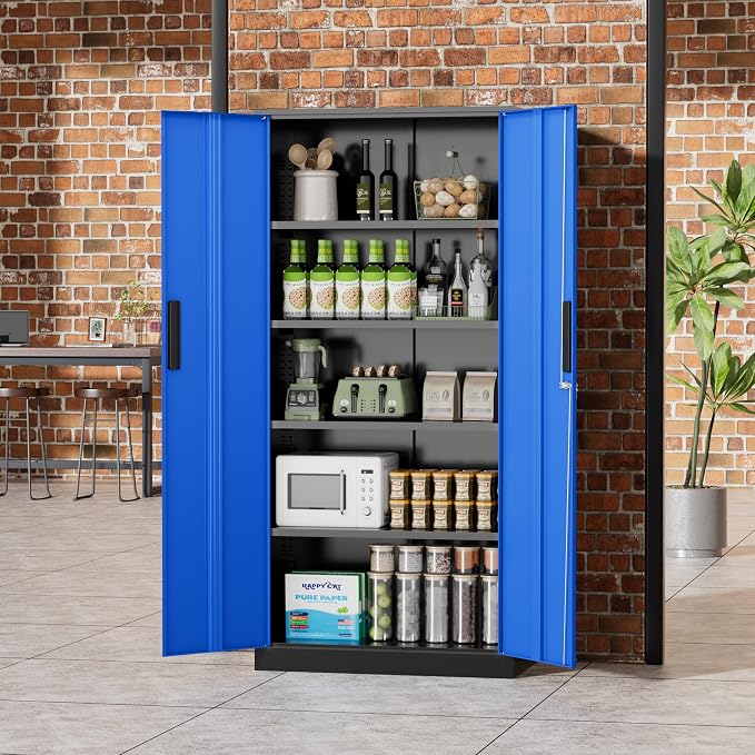 Greenvelly Metal Garage Storage Cabinet, 72" Black Blue Tool Steel Locking Cabinet with Doors and 4 Shelves, Tall Cabinets for Garage Storage Systems Lockable File Cabinet for Home Office,Garage