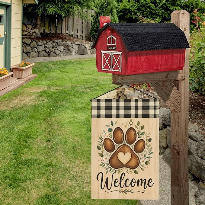 Welcome Golden Retriever Dog Cat Garden Flag With Leaves Buffalo Plaid Paw Prints Stained Glass Style For Outside 12x18 in