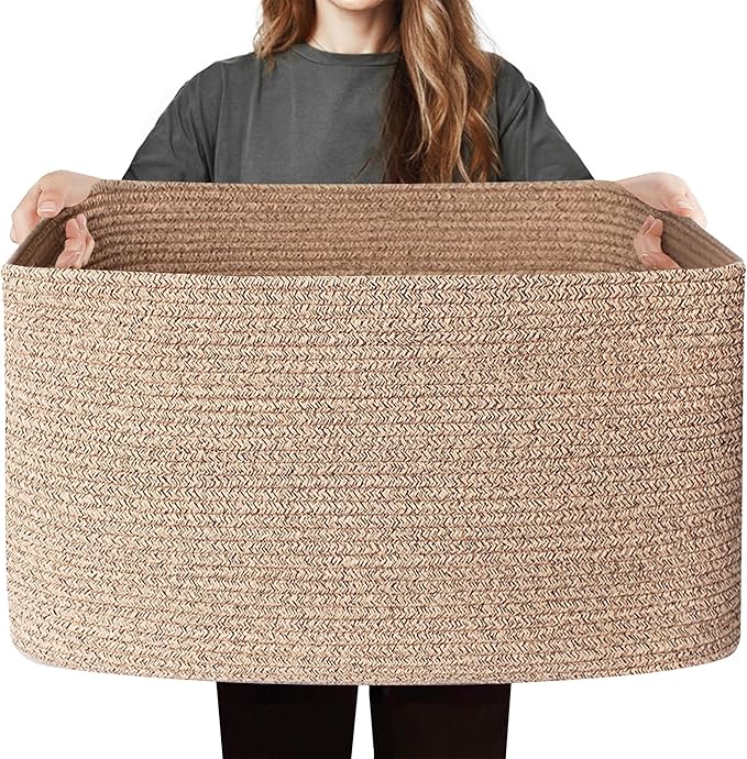 Large Storage Basket for Blankets, 75L Woven Blanket Storage for Living Room, Cotton Rope Baskets for Organizing, Kids Dog Toy Bin Box, Rectangle Pillow Holder Organizer, 22”x17”x12”