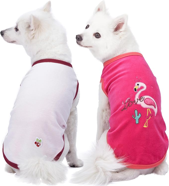 Blueberry Pet Pack of 2 Soft & Comfy Vacation Scene Flamingo Cotton Blend Dog Pajamas & Tank Top T Shirts, Back Length 10", Clothes for Dogs
