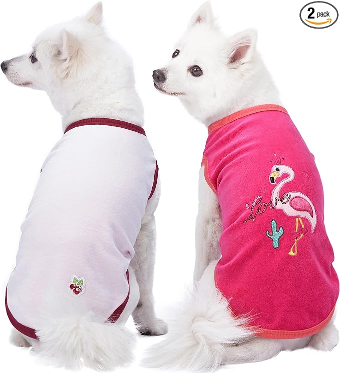 Blueberry Pet Pack of 2 Soft & Comfy Vacation Scene Flamingo Cotton Blend Dog Pajamas & Tank Top T Shirts, Back Length 12", Clothes for Dogs