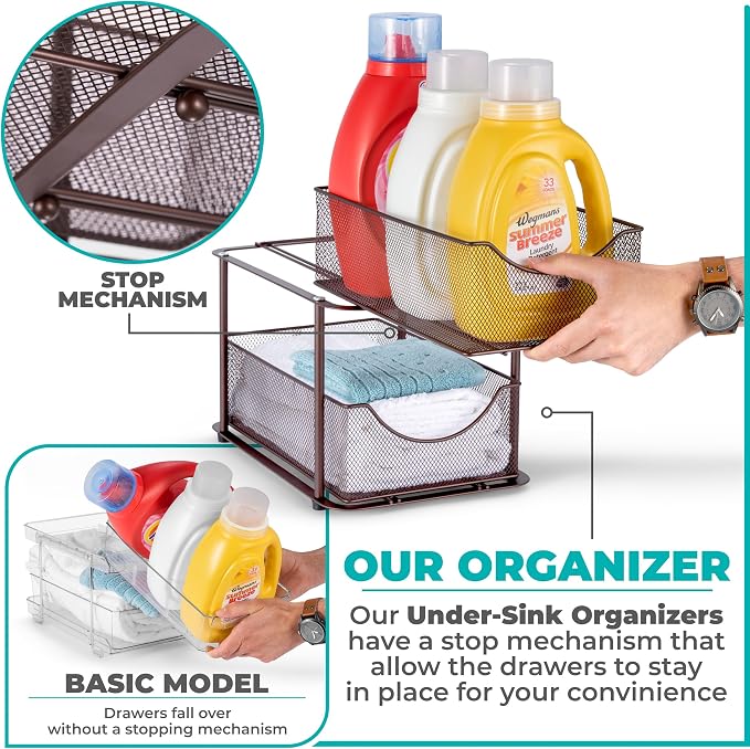 Sorbus Pull-Out Under Sink Organizer, Mesh Construction (Bronze, 1 Pack) | Two-tier metal organization with strong steel and sliding drawers for bathrooms, kitchens, cabinets, closets and pantries.