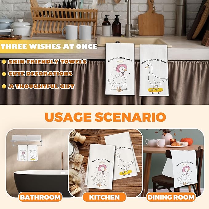 Kitchen Towels Set of 2, Silly Goose Dish Towel for Bathroom Kitchen, Cute Animals Decorative Hand Towels, Fast Drying Tea Towel, Housewarming for Goose Lovers Women Mom -03