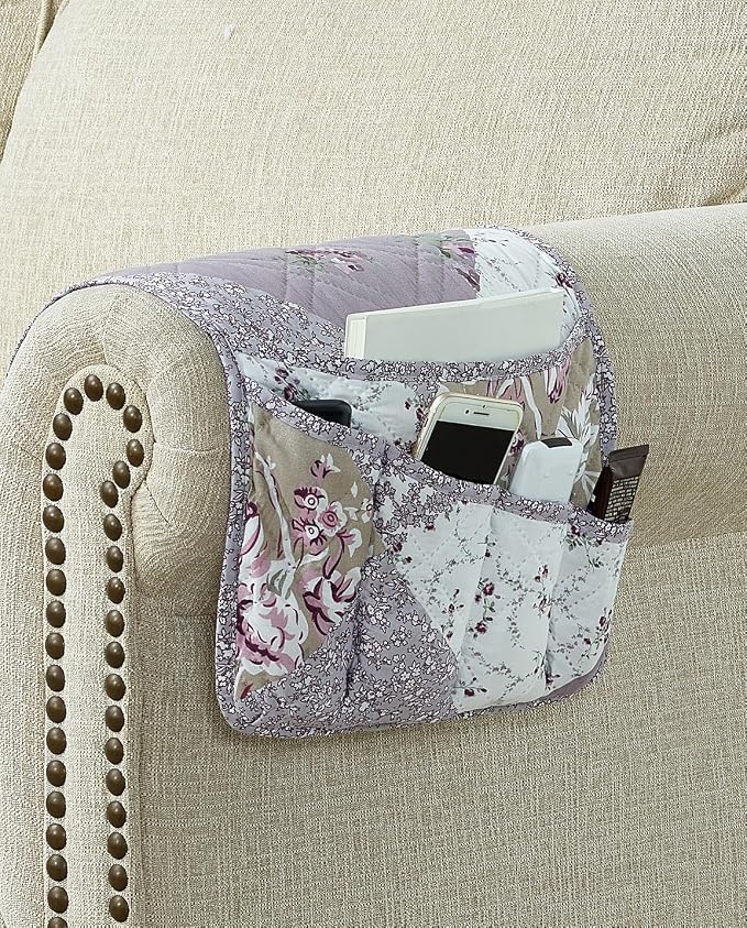 Brilliant Sunshine Lilac & Beige Roses Couch Armrest Cover, 35"×13" | Washable Magazine Holder, Armrest Organizer & Caddy on Sofa, Recliner, Armchair, Storage for Remote Controls, Phone, iPad