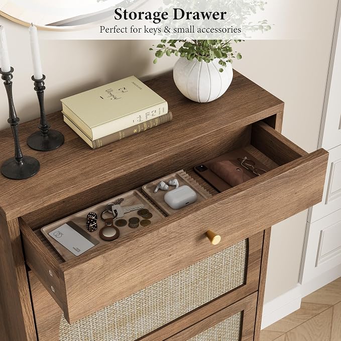 Shoe Cabinet for Entryway, Slim Shoe Rack with 2 Flip Drawers and Top Storage Drawer, Narrow Shoe Organizer with Printed Rattan-Look Design, Entryway Shoe Storage for Size 12+ Shoes, Caramel