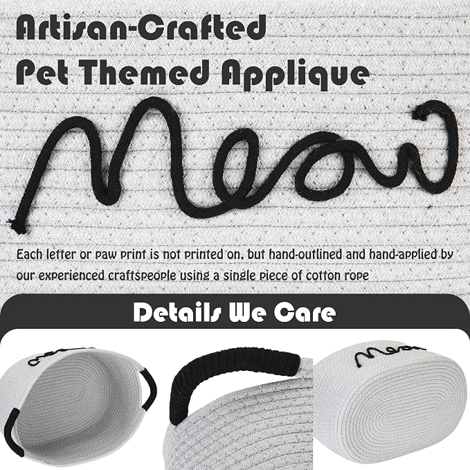 Sea Team Cat Toy Storage Basket with Handles, Gray Meow | Large Cotton Rope Storage Bin, Shelf Basket, Organizer for Pet Chew Toys, Foods, 16.5 x 11 x 7 Inches, 4.4 Gallons