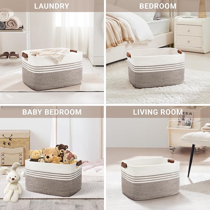 60L Woven Laundry Basket Hamper with Leather Handles,Dark Brown | collapsible wicker hamper, storage for dirty clothes, toys, blankets, gifts, living room, bedroom, bathroom, 21"x15"x11"