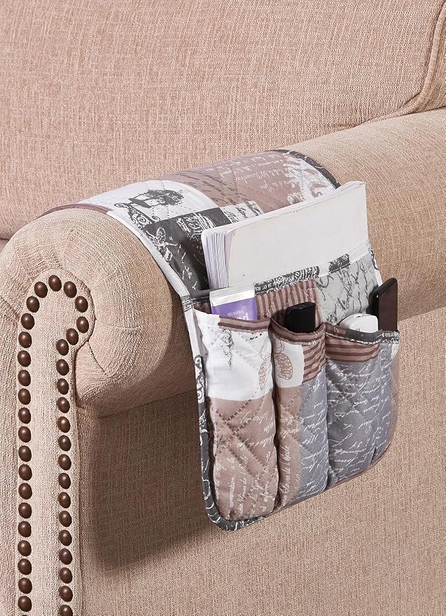 Brilliant Sunshine Latte Grey Toile Couch Armrest Cover, 35"×13" | Washable Magazine Holder, Armrest Organizer & Caddy on Sofa, Recliner, Armchair, Storage for Remote Controls, Phone, iPad