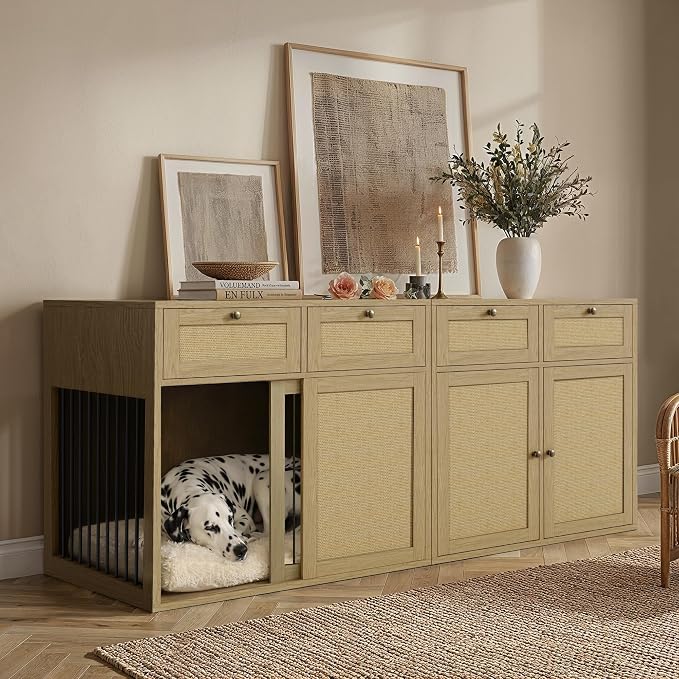 PureCozy 2-Piece Dog Crate Furniture, Left, 80 Inch, Light Oak | Left-unit kennel with metal sliding door plus cane storage cabinet and 4 total drawers; furniture-style indoor console.