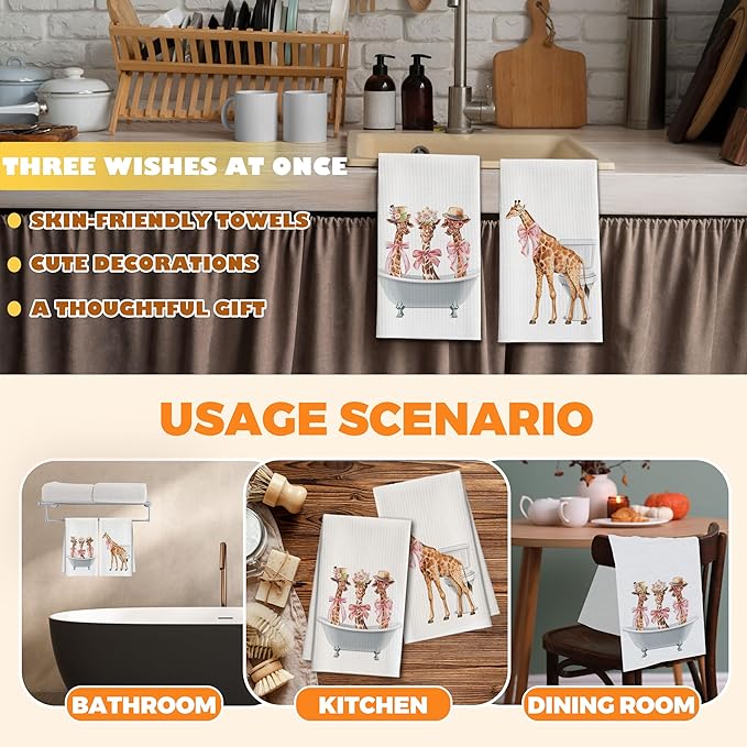 Bath Towels Set of 2, Giraffe Dish Towel for Bathroom Spa Washroom, Pink Bow Fast Drying Decorative Hand Towels, Funny Housewarming for Giraffe Lovers Women Mom -04