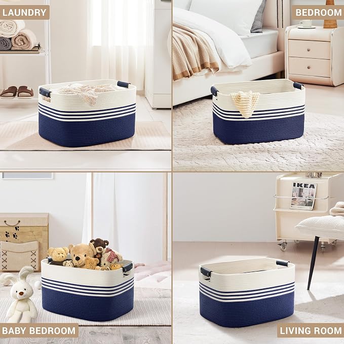 60L Woven Laundry Basket Hamper with Leather Handles,Navy | collapsible wicker hamper, storage for dirty clothes, toys, blankets, gifts, living room, bedroom, bathroom, 21"x15"x11"