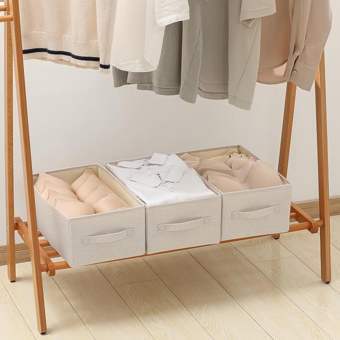Linen Folding Storage Bins, 3 Pack Large Storage Baskets, Washable, Clothing Storage Bins with Handle, Closet Organizer for Storage Sweater,Sheets (Beige, 16" x9½x6¾)