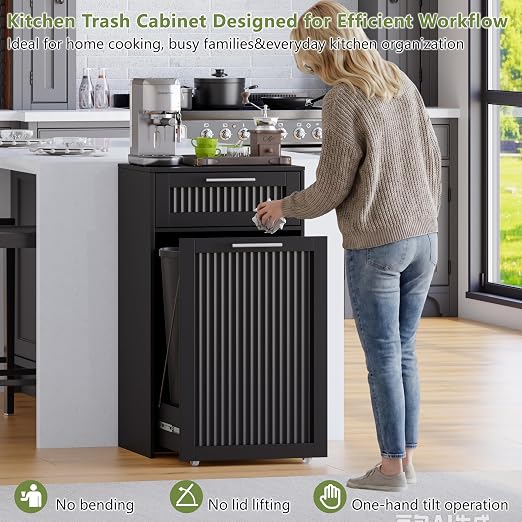 Single 13 Gallon Pull Out Trash Can Cabinet with Drawer, Garbage Cabinet | Pet Proof Hidden Trash Storage, Fluted Farmhouse Design, Space-Saving Kitchen Organizer, Dining Room Storage,Black