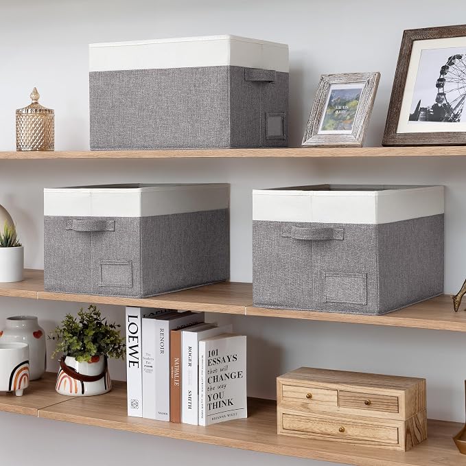 GRANNY SAYS Closet Storage Bins with Label, Gray&White, Large, 3-Pack | Storage Baskets for Organizing, Fabric Bins for Clothes, Closet Organizer Bins, Collapsible Cloth Bins